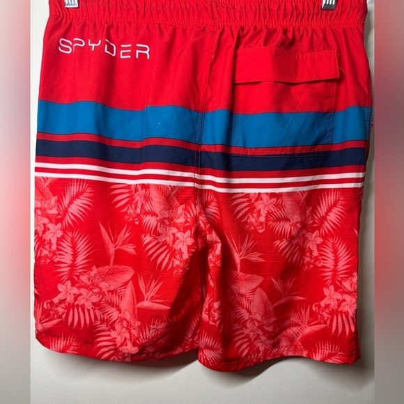 Spyder Boys Red Blue Striped Tropical Floral Drawstring Swim Shorts Size XL - Picture 8 of 15
